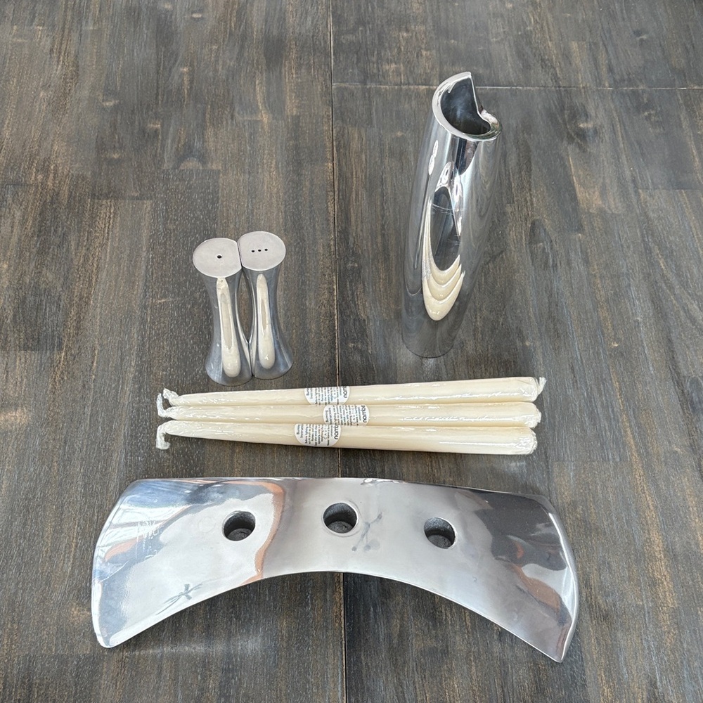 Nambe vase/candle holder/salt&pepper